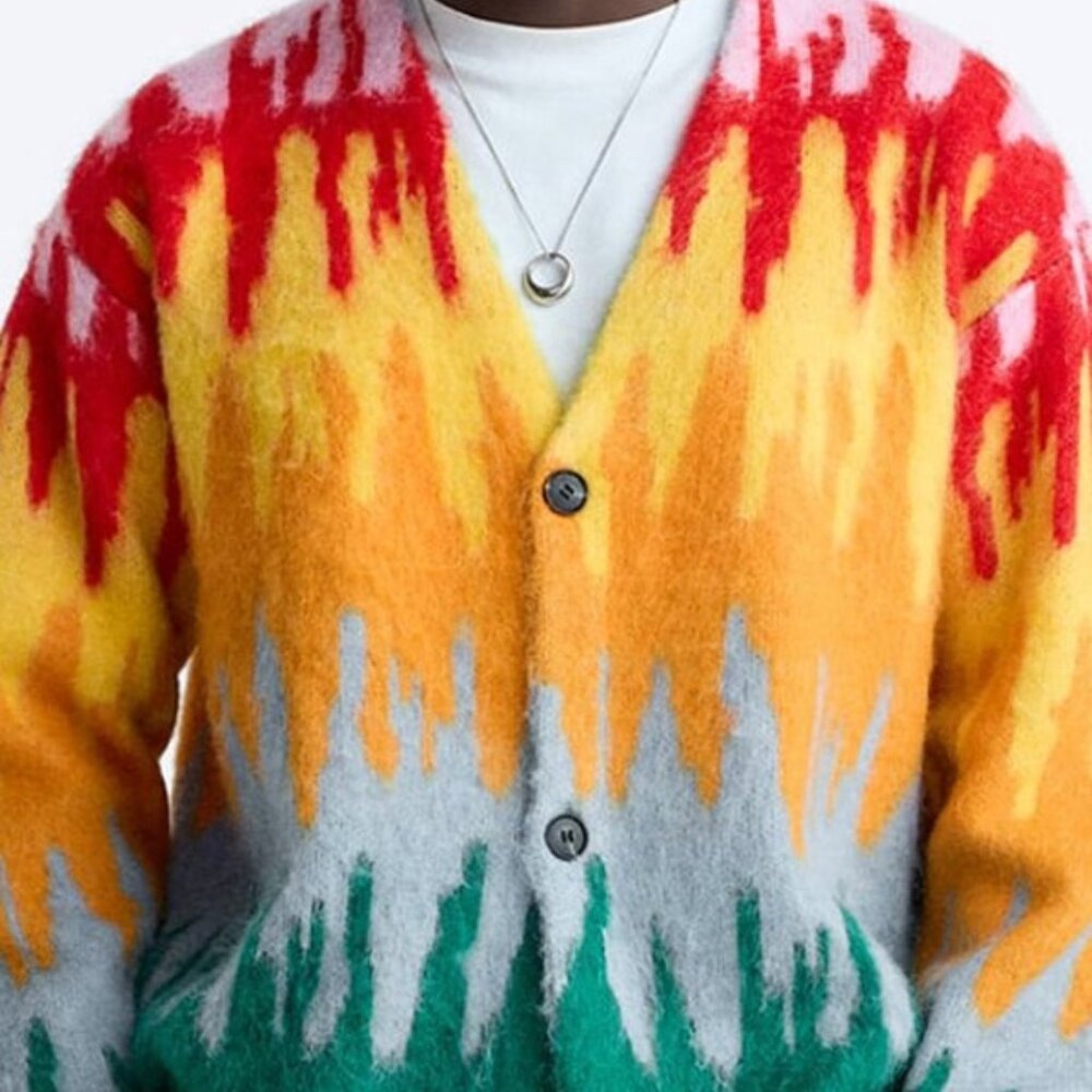 ZARA V-Neck Brushed Shag Cardigan, Vibrant Multicolor All-Over Print, Sz S-M - Picture 9 of 11